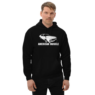 Man modeling a 1972 Chevelle Car Hoodie American Muscle Car Sweatshirt in black